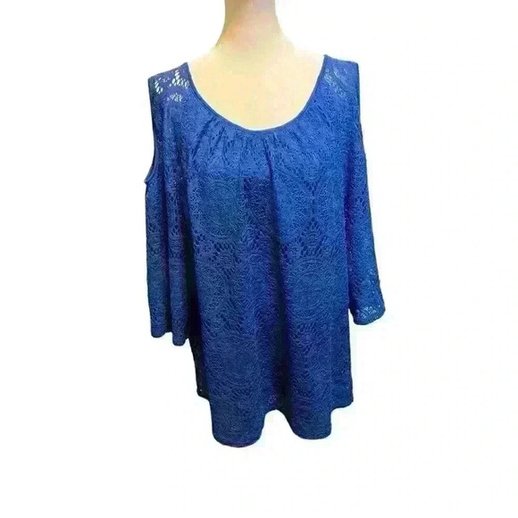 Roz & Ali Women's 3X Cold Shoulder Blouse Blue Lace Design 3/4 Sleeves - Picture 1 of 6